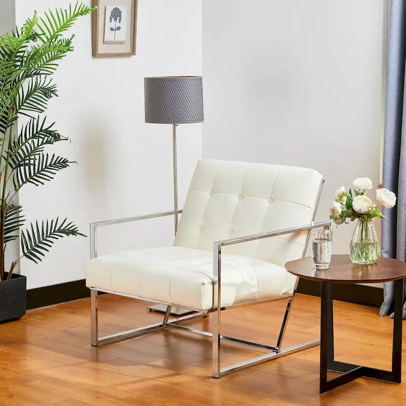 30.50H Cream Mid-Century PU Leather Tufted Accent Chair with Chrome Plated Frame