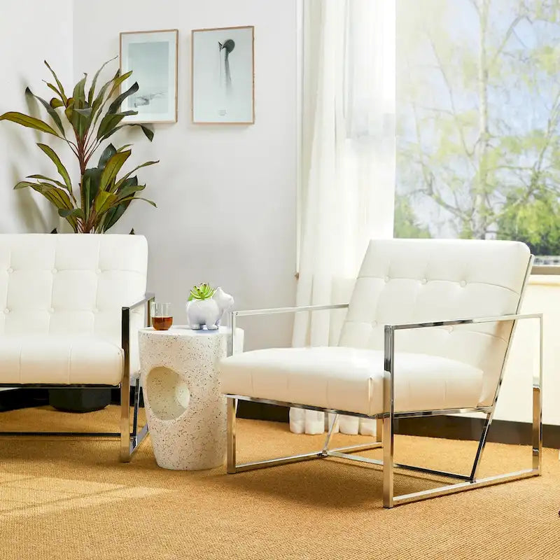 30.50H Cream Mid-Century PU Leather Tufted Accent Chair with Chrome Plated Frame