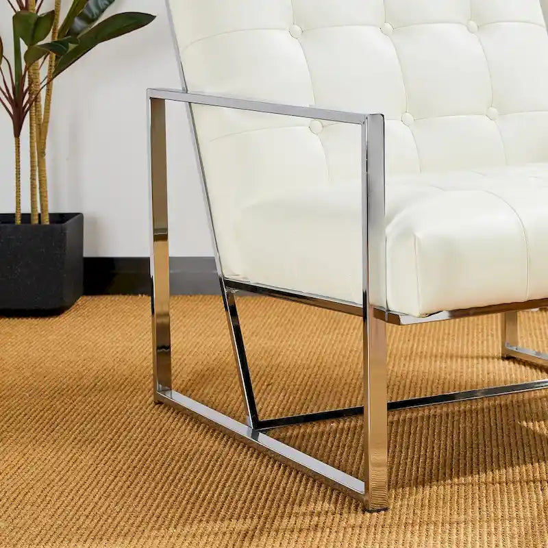 30.50H Cream Mid-Century PU Leather Tufted Accent Chair with Chrome Plated Frame