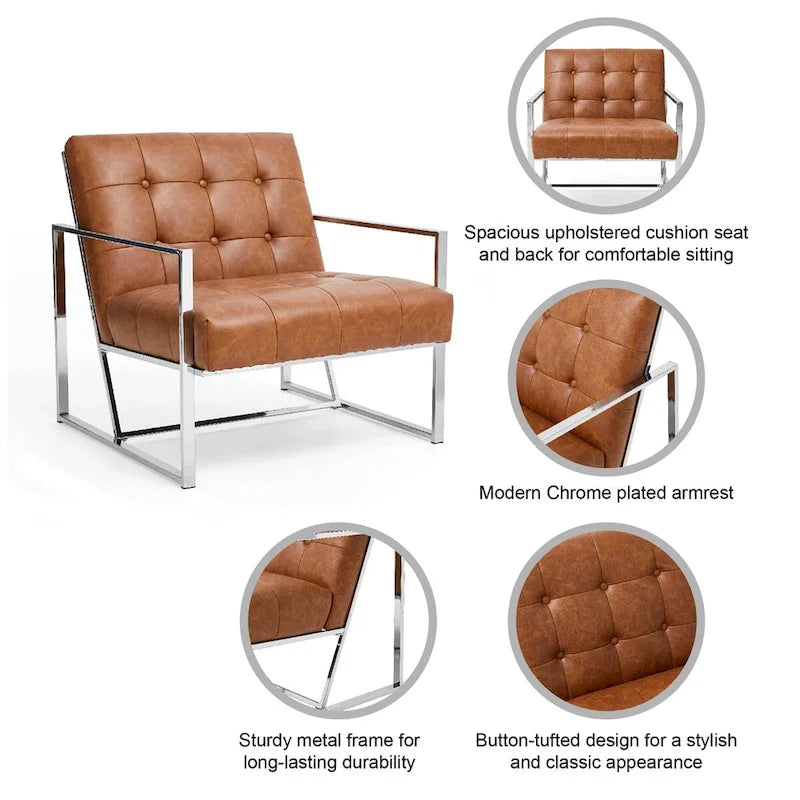 30.50H Cream Mid-Century PU Leather Tufted Accent Chair with Chrome Plated Frame