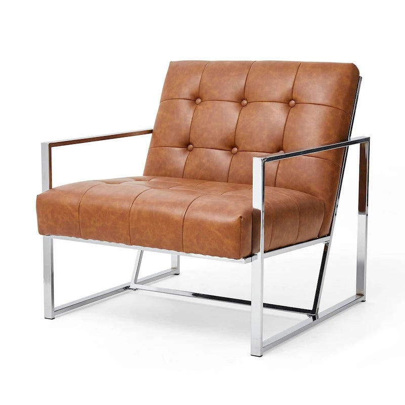 30.50H Cream Mid-Century PU Leather Tufted Accent Chair with Chrome Plated Frame