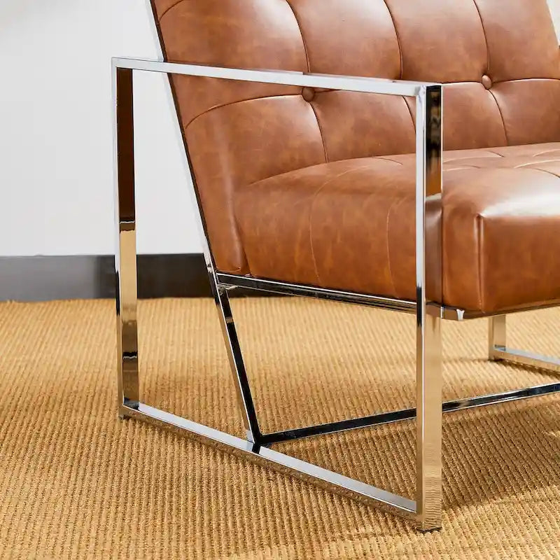 30.50H Cream Mid-Century PU Leather Tufted Accent Chair with Chrome Plated Frame