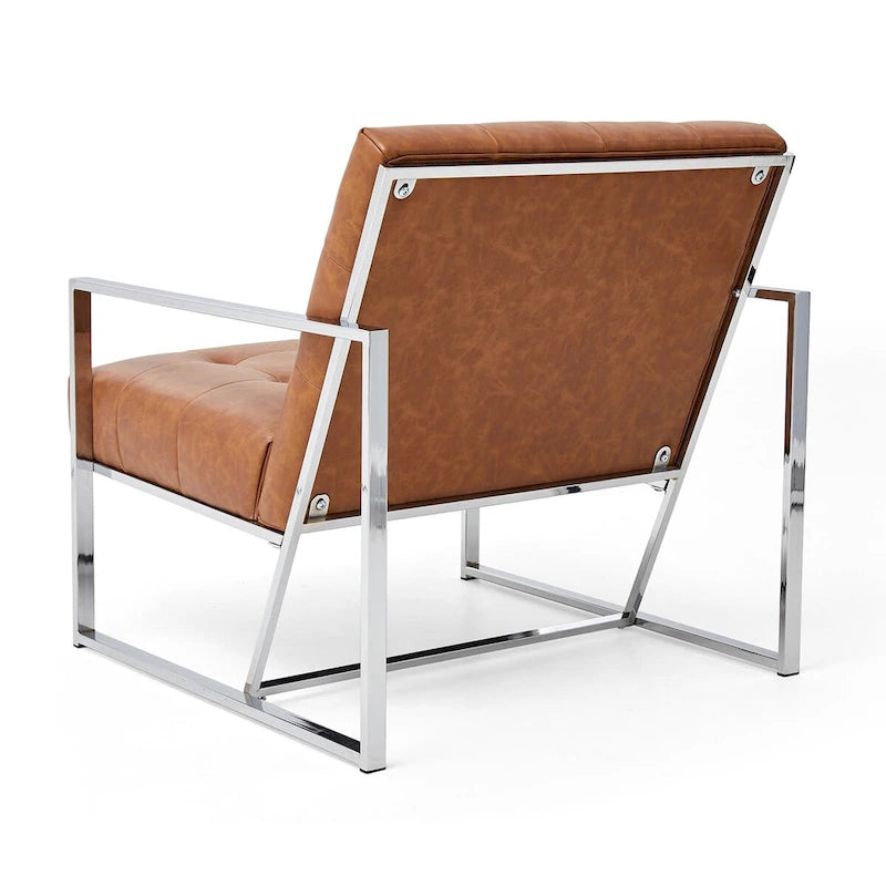 30.50H Cream Mid-Century PU Leather Tufted Accent Chair with Chrome Plated Frame