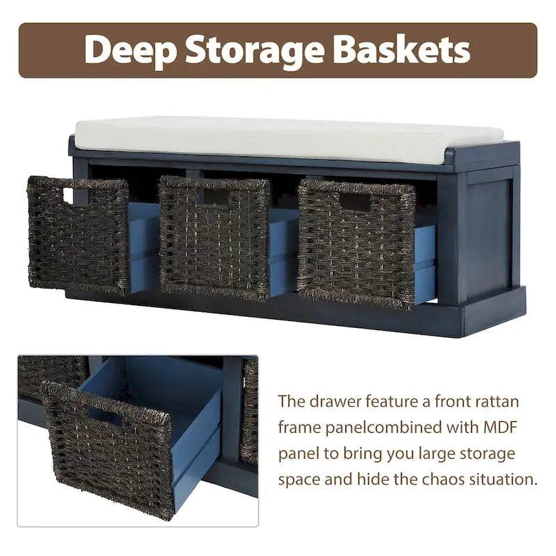 Rustic Storage Bench with 3 Removable Classic Rattan Basket , Entryway Bench with Removable Cushion