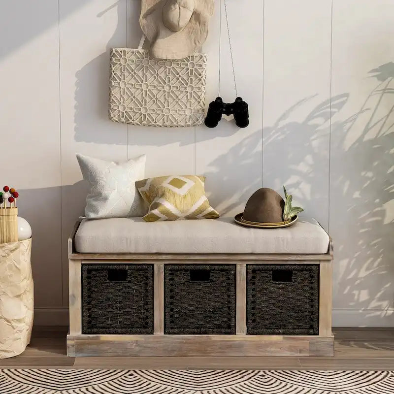 Rustic Storage Bench with 3 Removable Classic Rattan Basket , Entryway Bench with Removable Cushion
