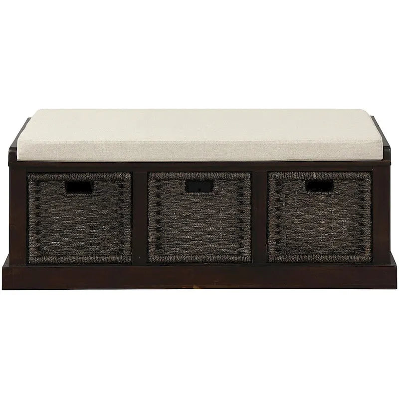 Rustic Storage Bench with 3 Removable Classic Rattan Basket , Entryway Bench with Removable Cushion