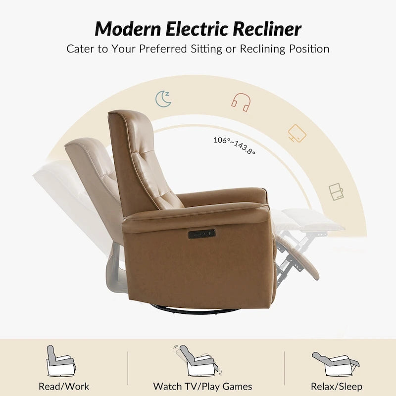 Modern Faux Leather Swivel Power Recliner with USB Ports Set of 2
