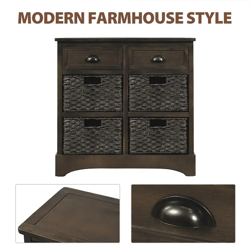 Rustic Storage Cabinet with Two Drawers and Four Classic Rattan Basket for Dining Room/Living Room