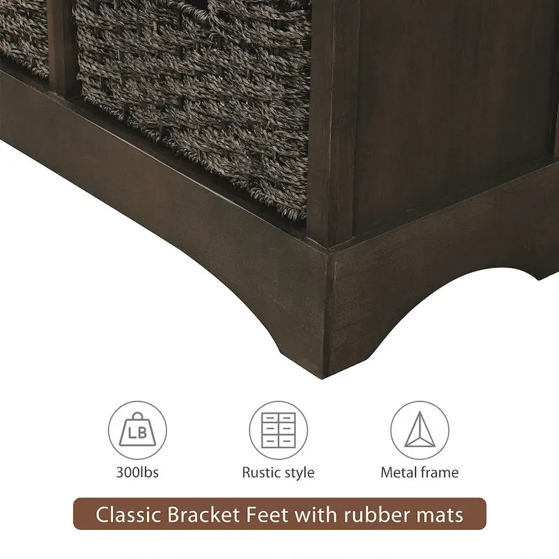Rustic Storage Cabinet with Two Drawers and Four Classic Rattan Basket for Dining Room/Living Room