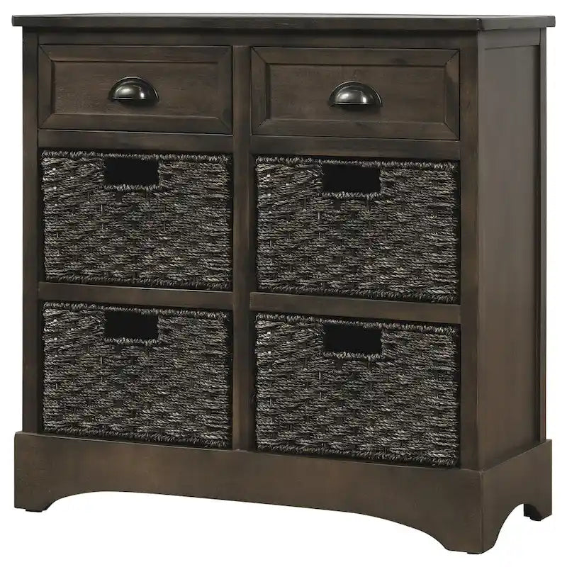 Rustic Storage Cabinet with Two Drawers and Four Classic Rattan Basket for Dining Room/Living Room