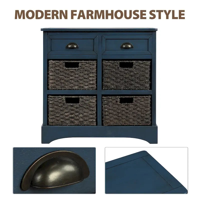 Rustic Storage Cabinet with Two Drawers and Four Classic Rattan Basket for Dining Room/Living Room