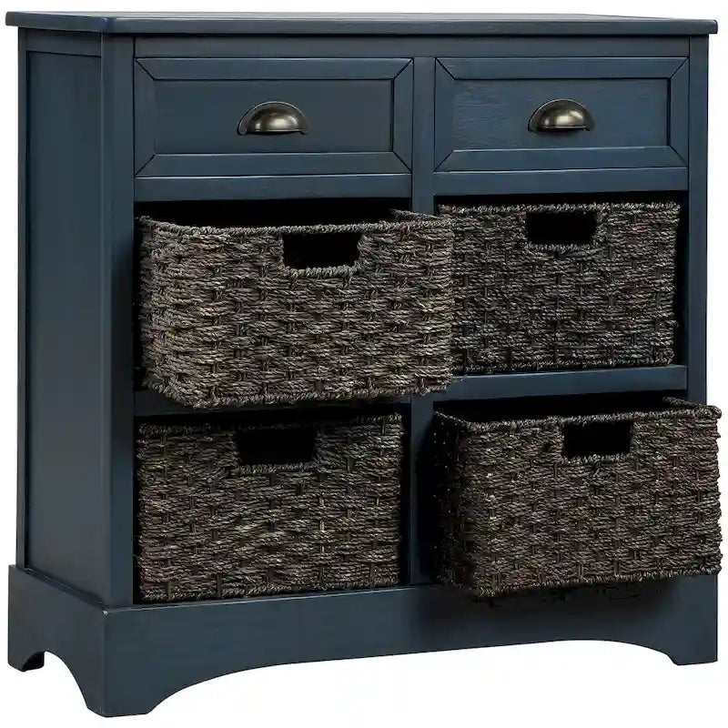 Rustic Storage Cabinet with Two Drawers and Four Classic Rattan Basket for Dining Room/Living Room