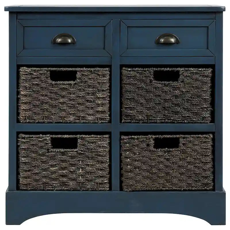 Rustic Storage Cabinet with Two Drawers and Four Classic Rattan Basket for Dining Room/Living Room