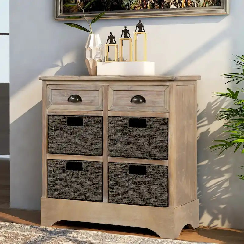 Rustic Storage Cabinet with Two Drawers and Four Classic Rattan Basket for Dining Room/Living Room