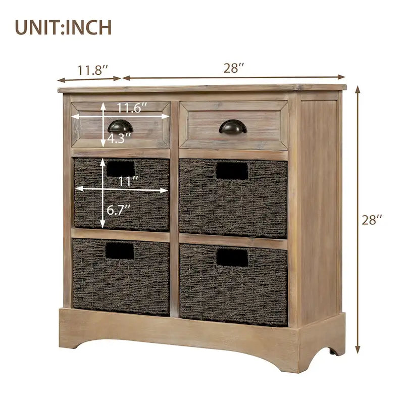 Rustic Storage Cabinet with Two Drawers and Four Classic Rattan Basket for Dining Room/Living Room