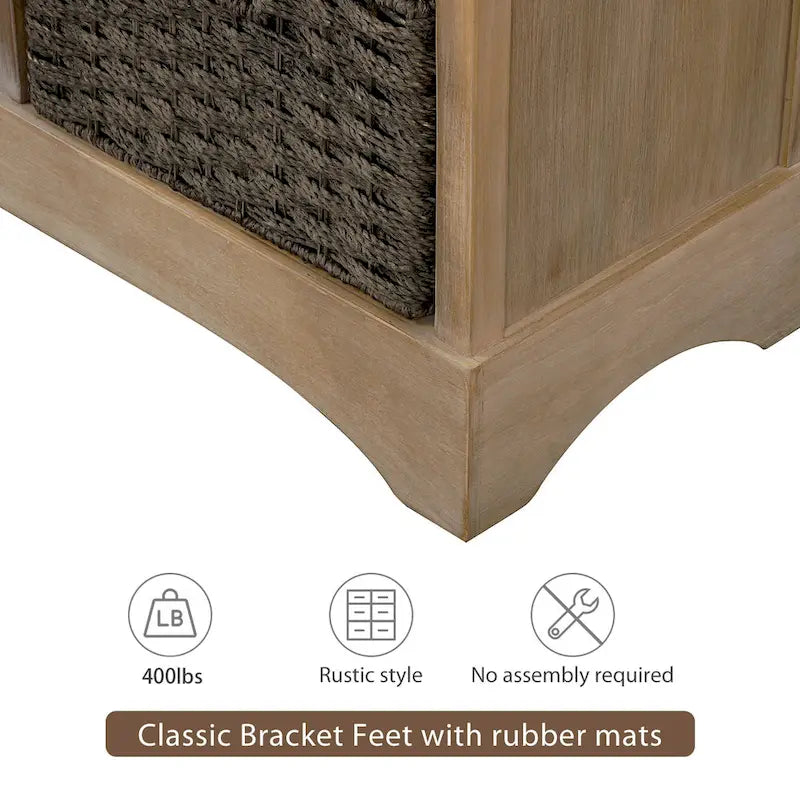 Rustic Storage Cabinet with Two Drawers and Four Classic Rattan Basket for Dining Room/Living Room