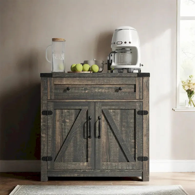 Modern Farmhouse Double Barn Door Accent Cabinet,30 Inch,BLACK PINE