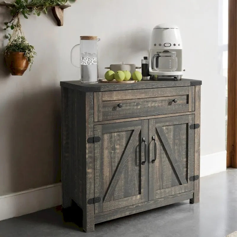 Modern Farmhouse Double Barn Door Accent Cabinet,30 Inch,BLACK PINE