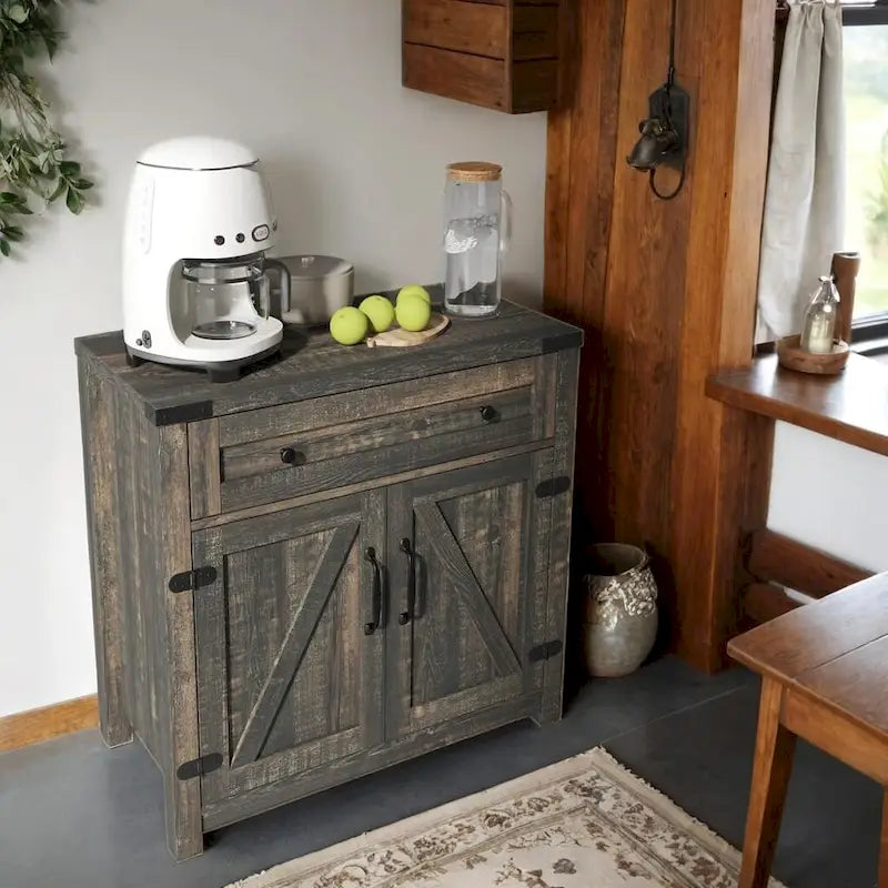 Modern Farmhouse Double Barn Door Accent Cabinet,30 Inch,BLACK PINE