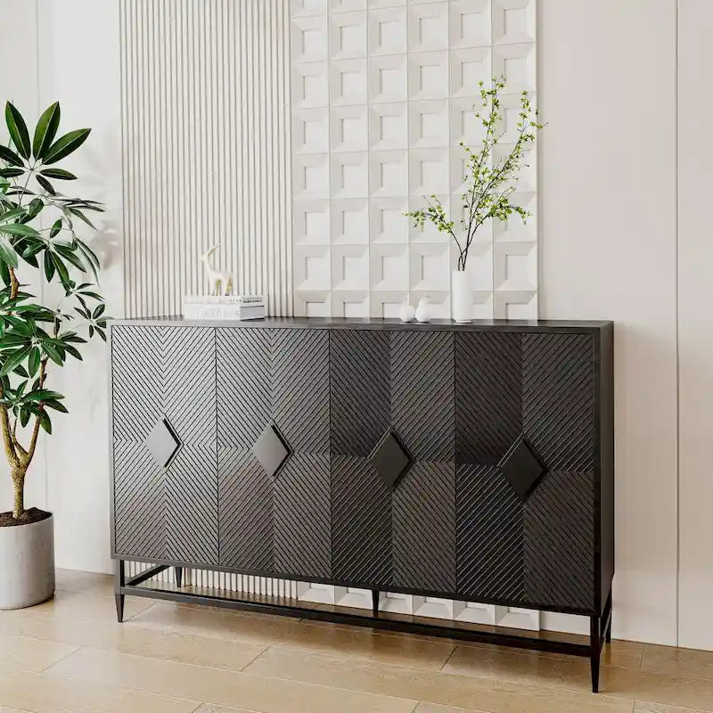 Accent Black Lacquered 4 Door Wooden Cabinet Sideboard Buffet Server Storage Cabinet, for Living Room,Office, Kitchen