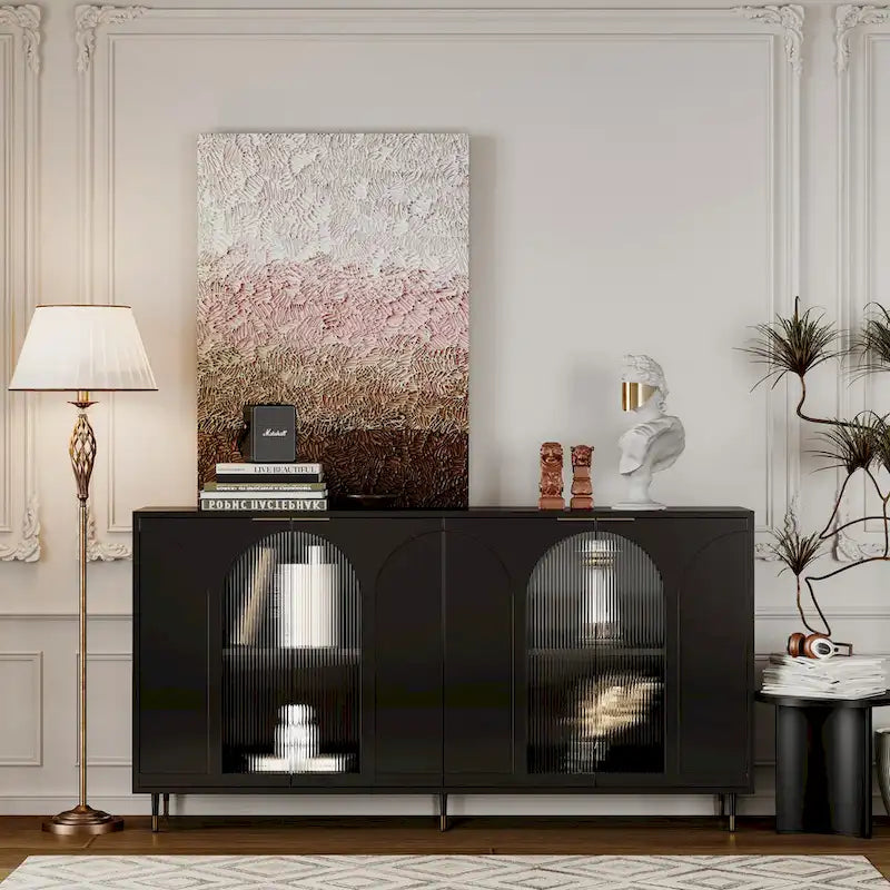 Accent Black Lacquered 4 Door Wooden Cabinet Sideboard Buffet Server Storage Cabinet, for Living Room,Office, Kitchen