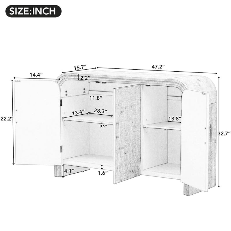 Retro Minimalist Curved Sideboard w/Gold Handles & Adjustable Dividers
