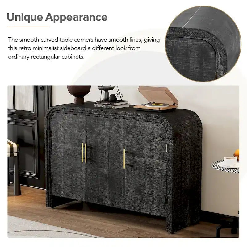 Retro Minimalist Curved Sideboard w/Gold Handles & Adjustable Dividers
