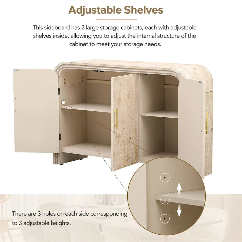 Retro Minimalist Curved Sideboard w/Gold Handles & Adjustable Dividers