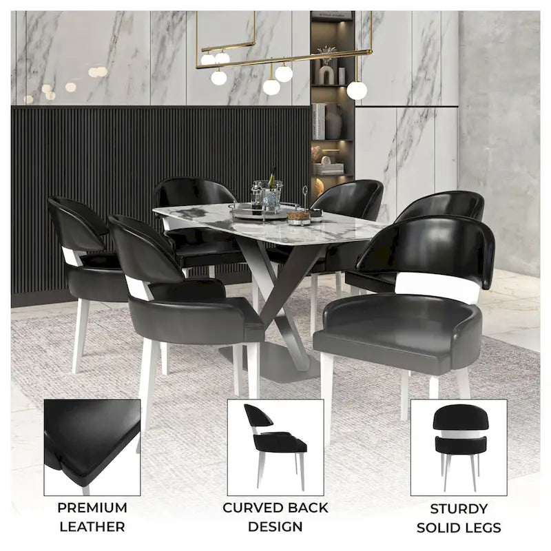 Leather Dining Chair with a Curved Back in Rubberwood Series
