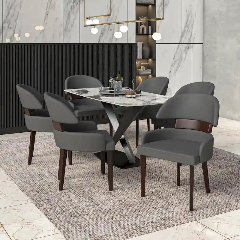 Leather Dining Chair with a Curved Back in Rubberwood Series