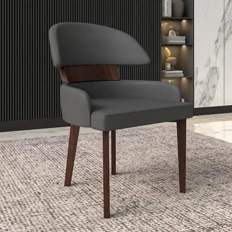 Leather Dining Chair with a Curved Back in Rubberwood Series