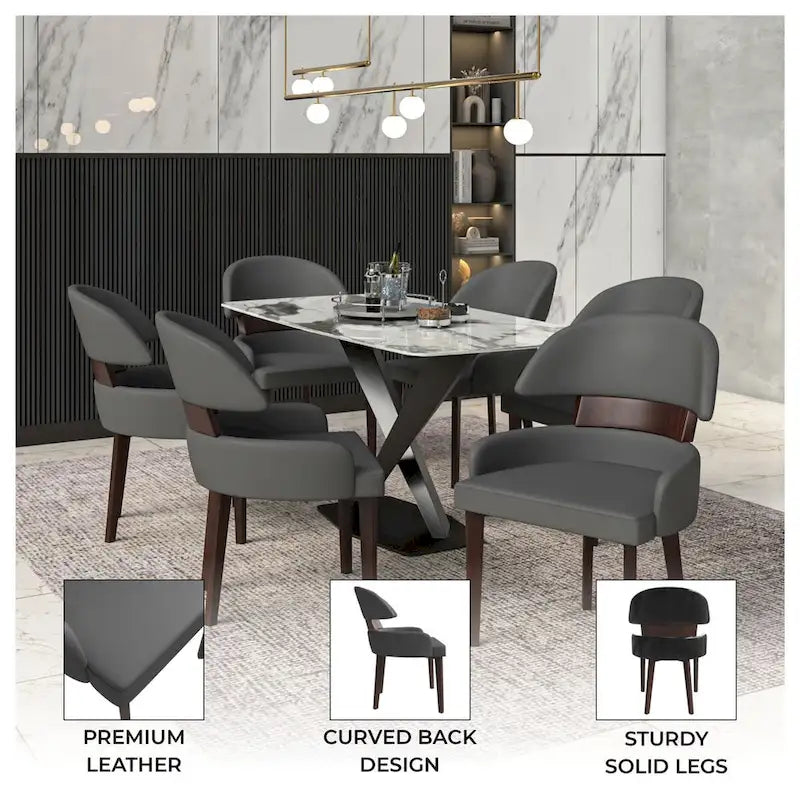 Leather Dining Chair with a Curved Back in Rubberwood Series