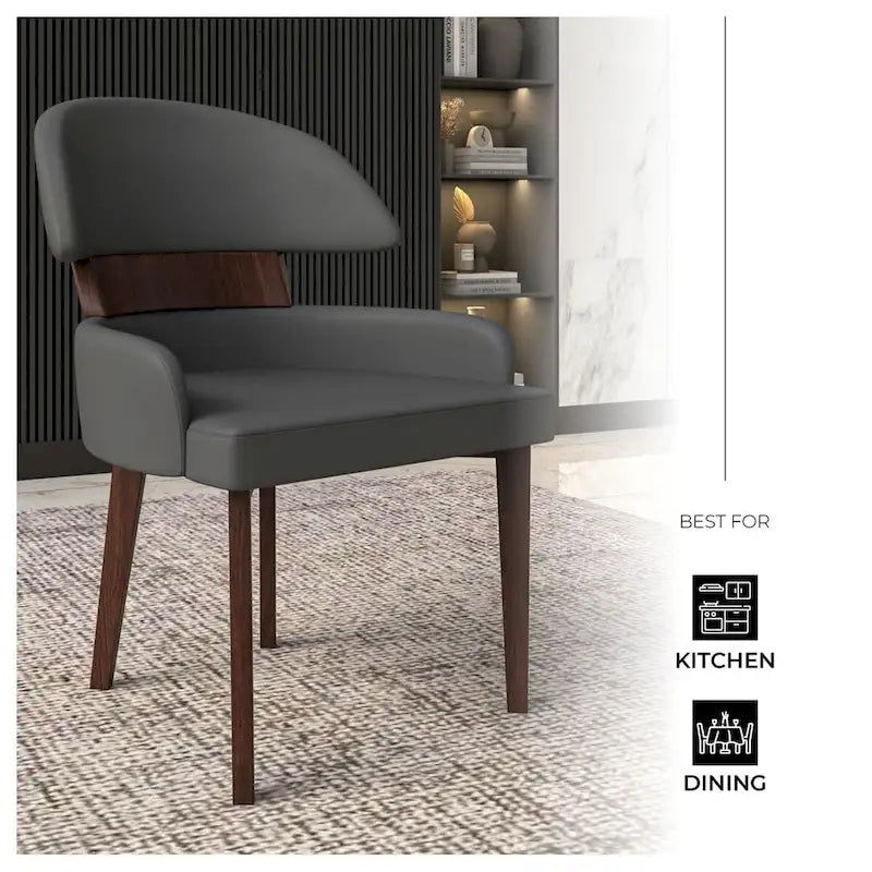 Leather Dining Chair with a Curved Back in Rubberwood Series