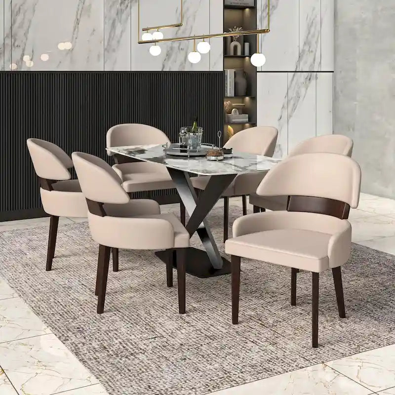 Leather Dining Chair with a Curved Back in Rubberwood Series