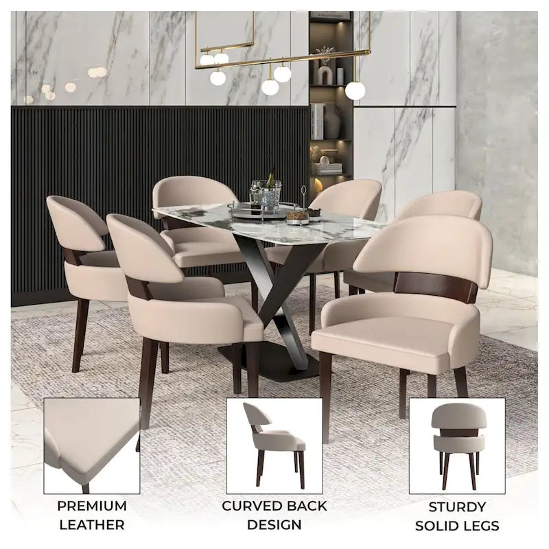Leather Dining Chair with a Curved Back in Rubberwood Series