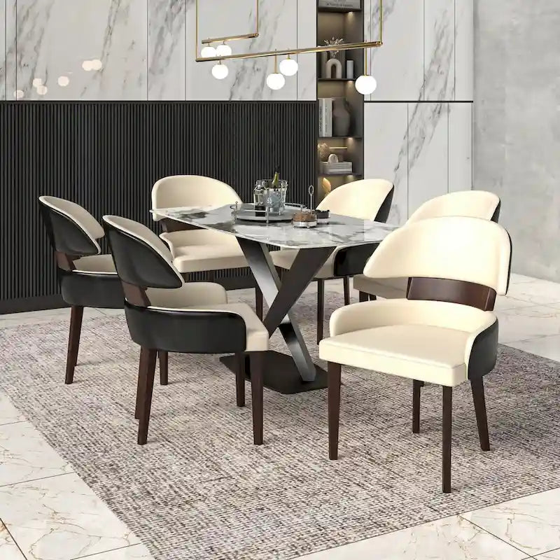 Leather Dining Chair with a Curved Back in Rubberwood Series