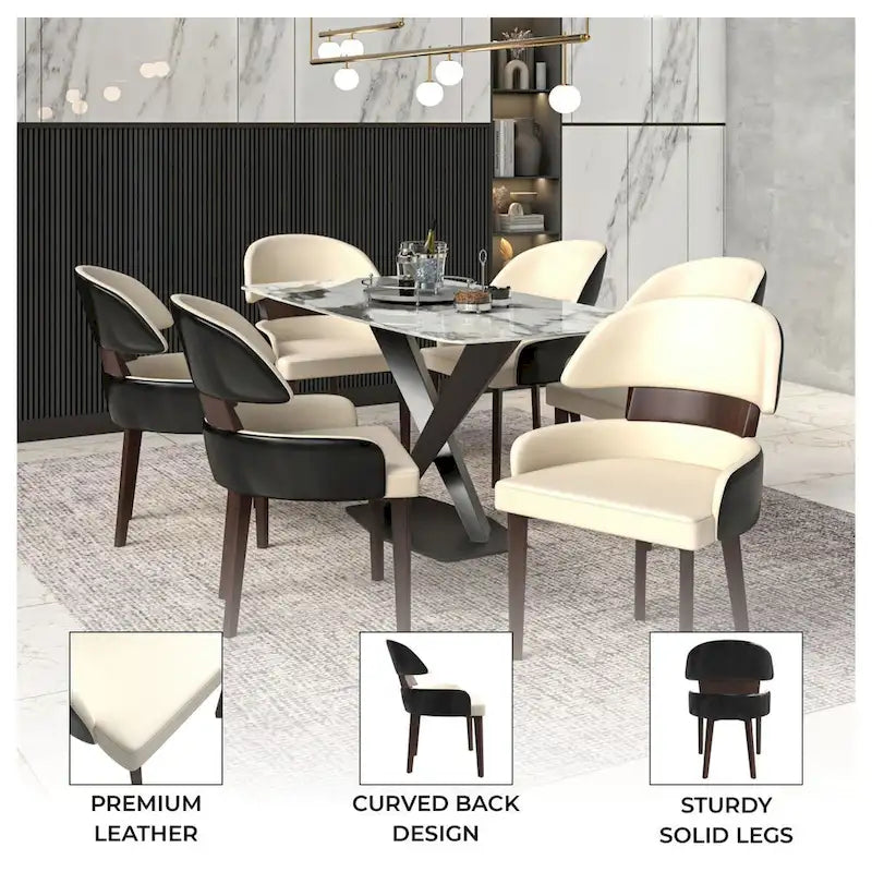 Leather Dining Chair with a Curved Back in Rubberwood Series