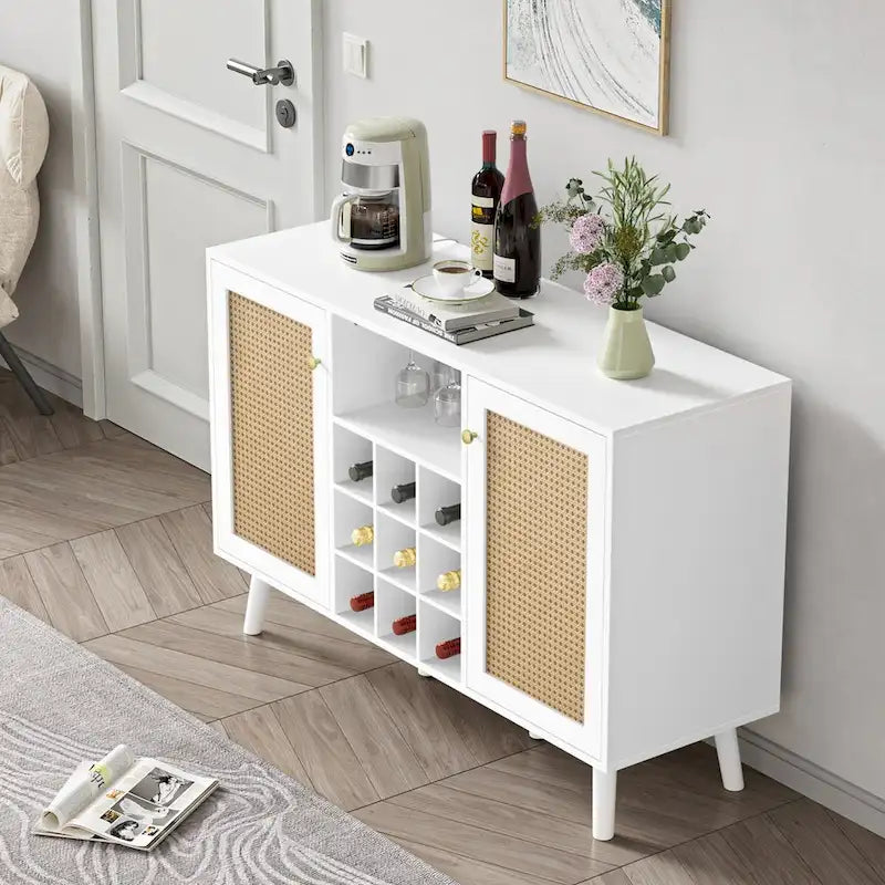 Anmytek 2-Door Modern Kitchen Buffet Sideboard Storage Cabinet with Wine Rack and Glass Holder
