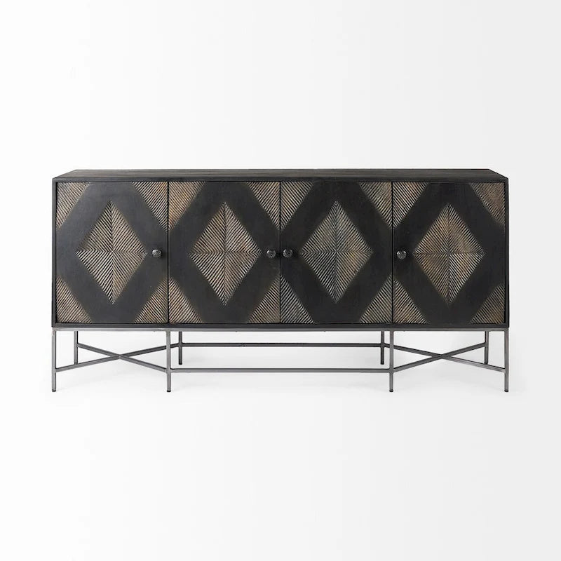 Hogarth I Two-Tone Brown Solid Wood Base Silver Frame 4 Cabinet Sideboard