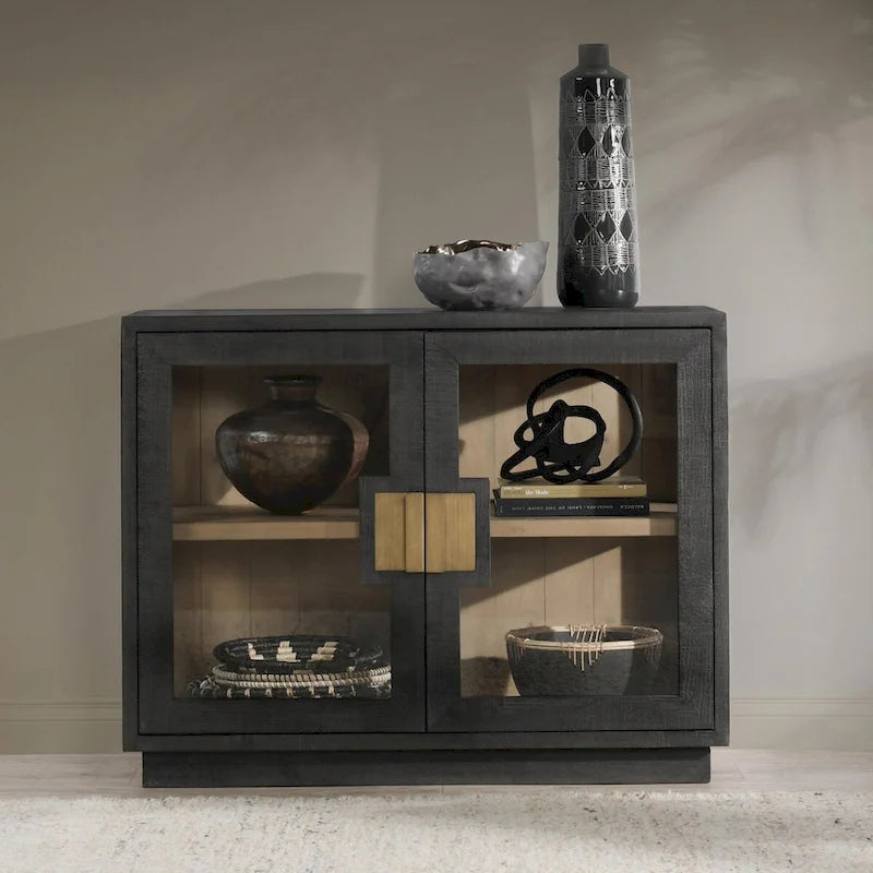 Classic Home Larson Two-Door Glass and Oak Wood Cabinet