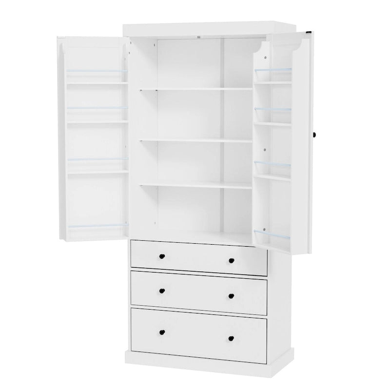 77inch Kitchen Pantry, Freestanding Tall Cupboard Storage Cabinet with 3 Adjustable Shelves,8 Door Shelves,3 Drawers for Kitchen
