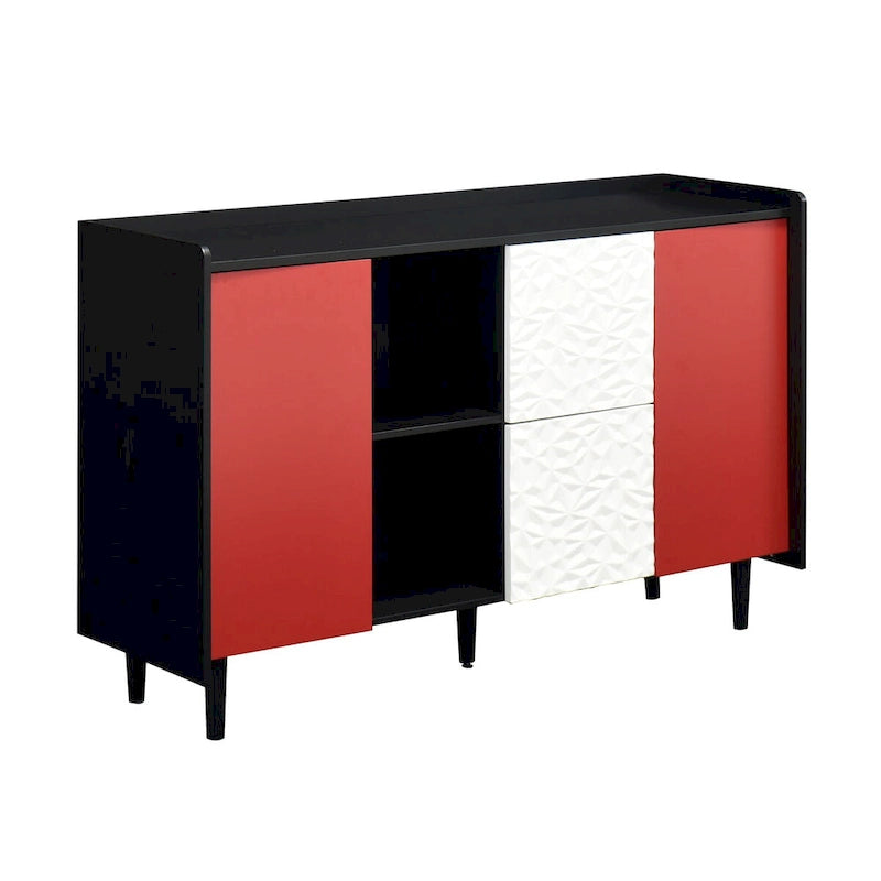 Sideboard Buffet Cabinet, Storage Cabinet with Red Doors, 2 Drawers with unique panel styling and 2 Open Storage Compartment