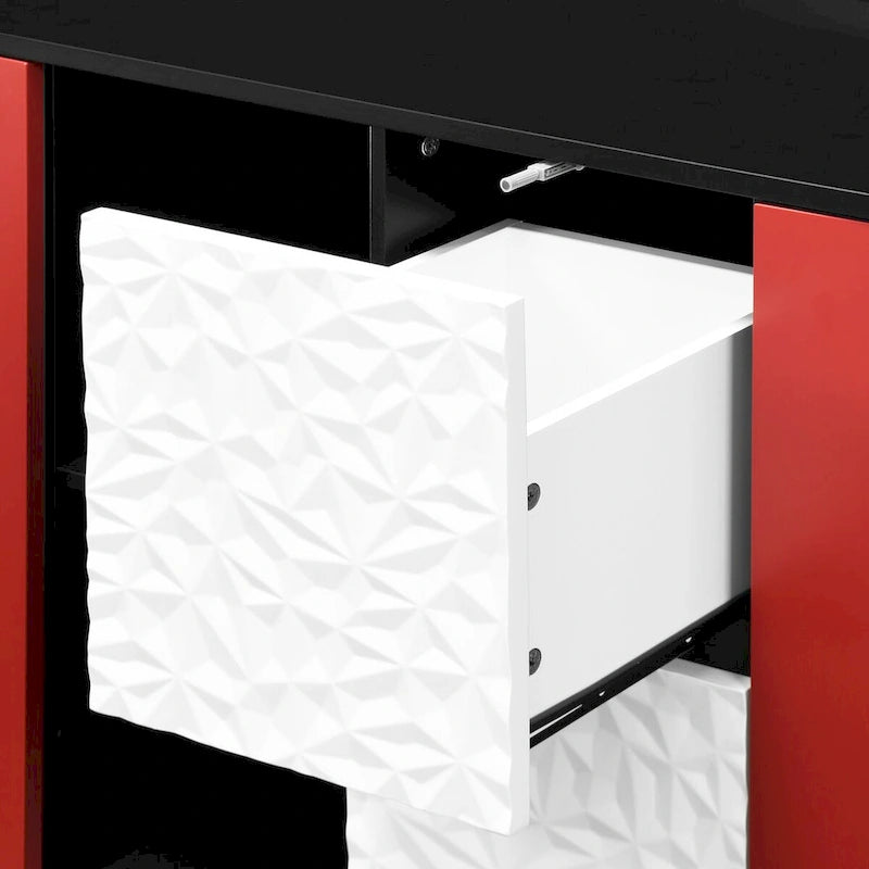 Sideboard Buffet Cabinet, Storage Cabinet with Red Doors, 2 Drawers with unique panel styling and 2 Open Storage Compartment