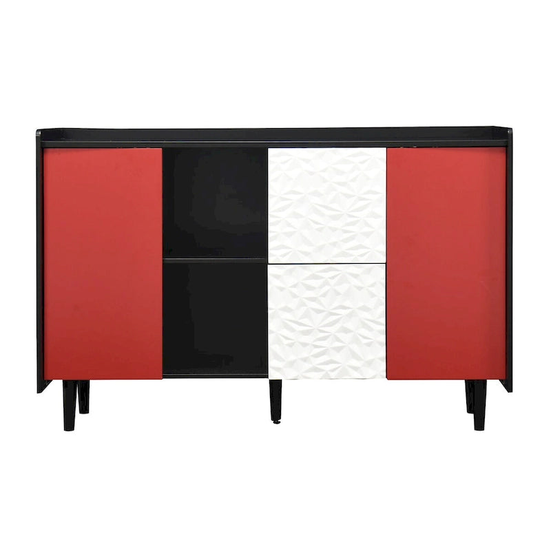 Sideboard Buffet Cabinet, Storage Cabinet with Red Doors, 2 Drawers with unique panel styling and 2 Open Storage Compartment