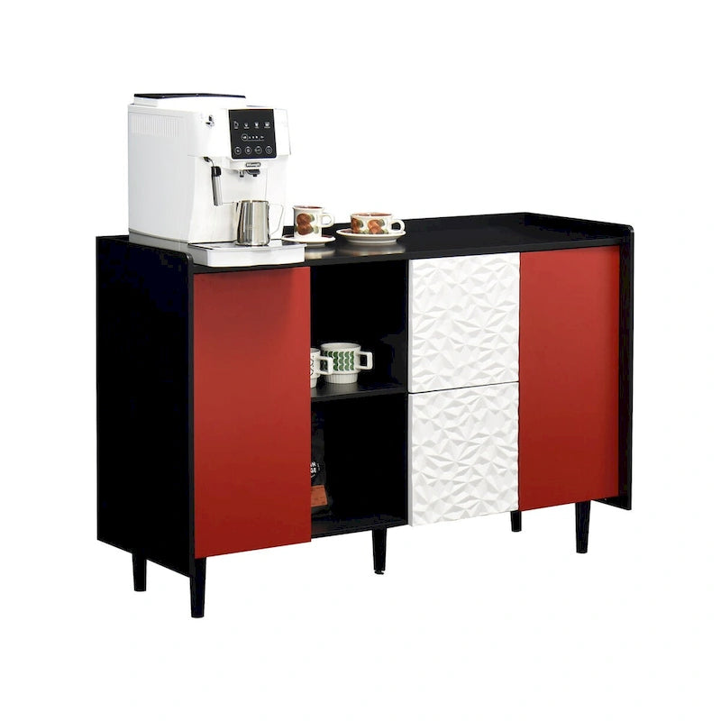 Sideboard Buffet Cabinet, Storage Cabinet with Red Doors, 2 Drawers with unique panel styling and 2 Open Storage Compartment