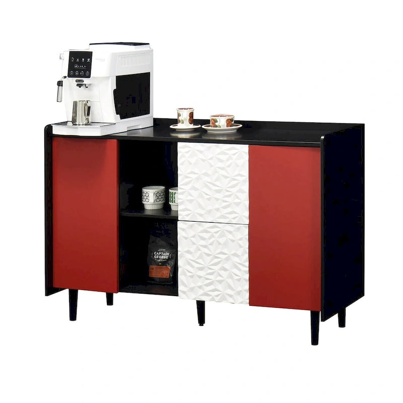 Sideboard Buffet Cabinet, Storage Cabinet with Red Doors, 2 Drawers with unique panel styling and 2 Open Storage Compartment