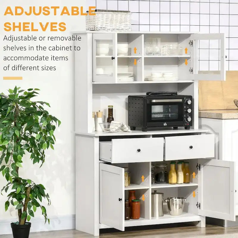 63.5 Kitchen Buffet w/ Hutch, 4 Shelves, Drawers, Framed Glass Doors
