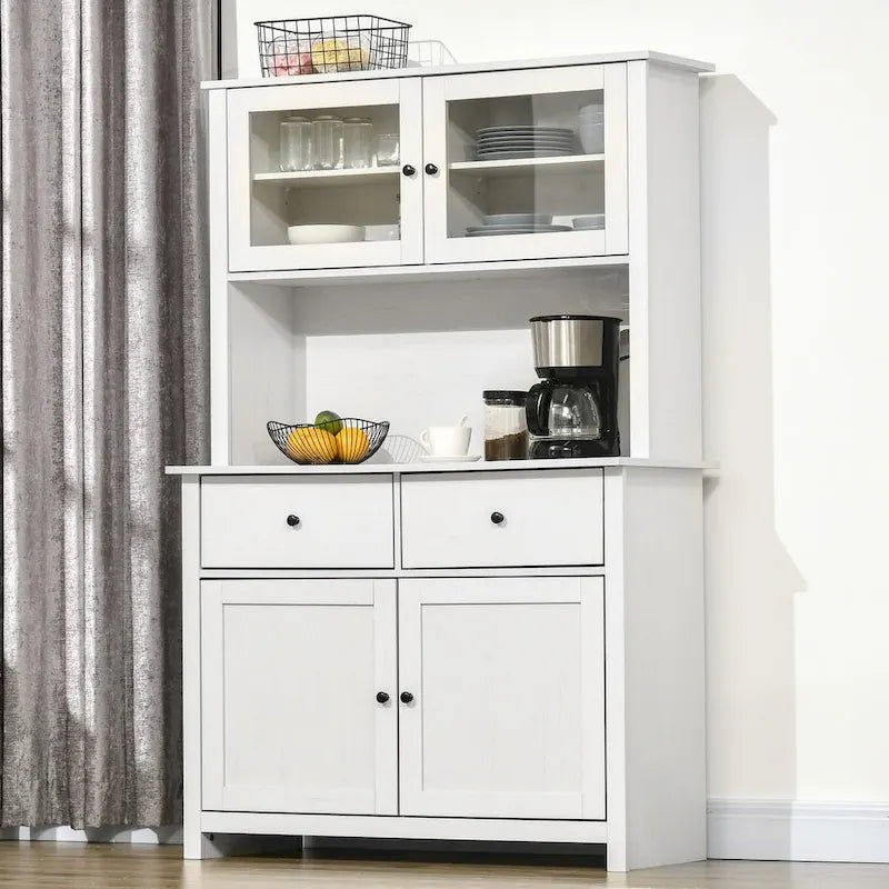 63.5 Kitchen Buffet w/ Hutch, 4 Shelves, Drawers, Framed Glass Doors