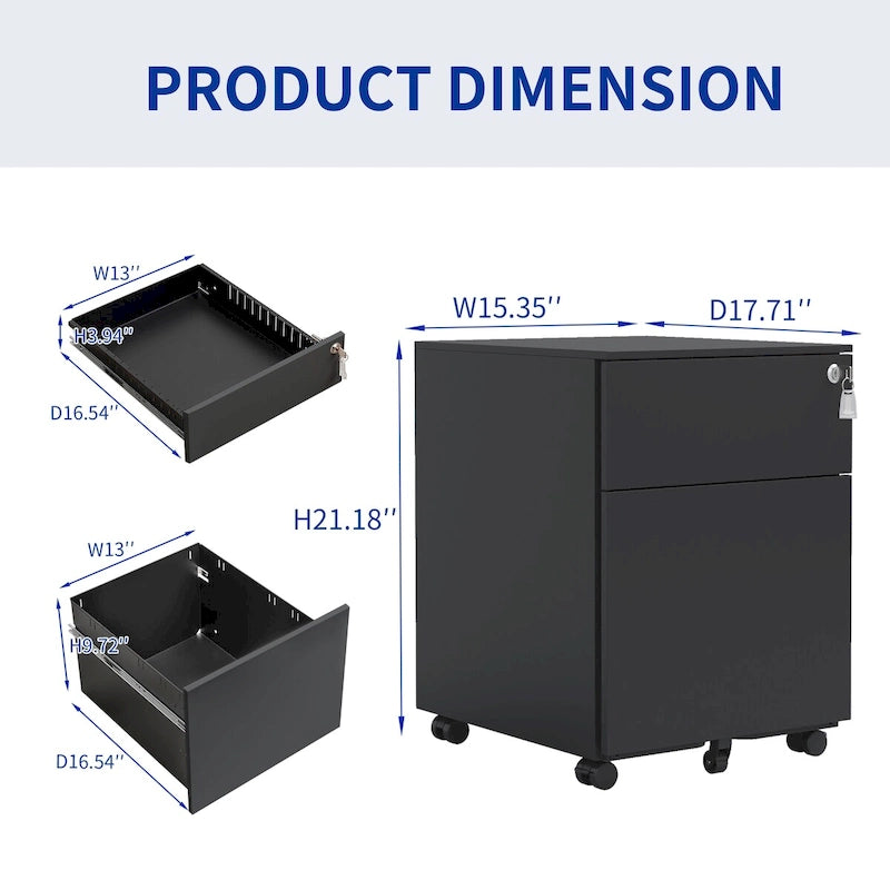 2 Drawer Mobile File Cabinet with Lock