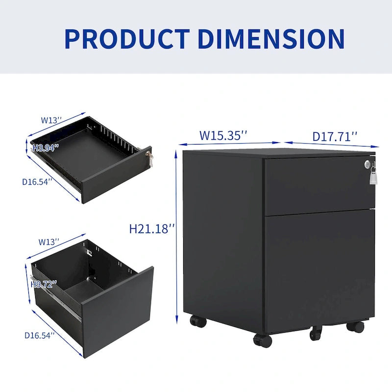 2 Drawer Mobile File Cabinet with Lock